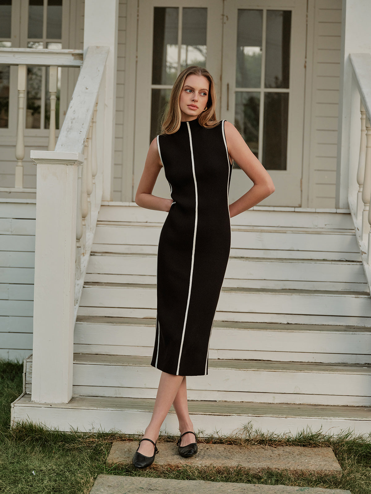 Knit Maxi Dress for Women - Slim Fit with Contrast Binding - Casual Vacation Wear