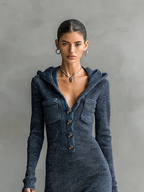 Slim-fit Hooded Knitted Maxi Dress for Women - Casual Long Sleeve Dress