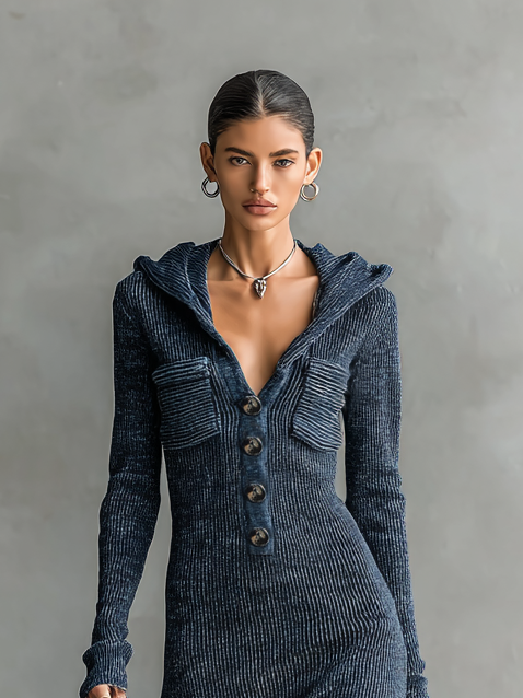 Slim-fit Hooded Knitted Maxi Dress for Women - Casual Long Sleeve Dress