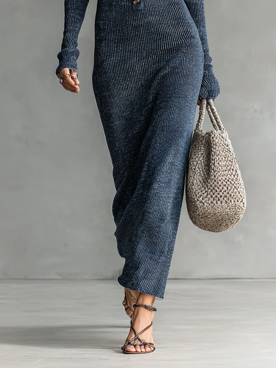 Slim-fit Hooded Knitted Maxi Dress for Women - Casual Long Sleeve Dress