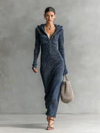 Slim-fit Hooded Knitted Maxi Dress for Women - Casual Long Sleeve Dress
