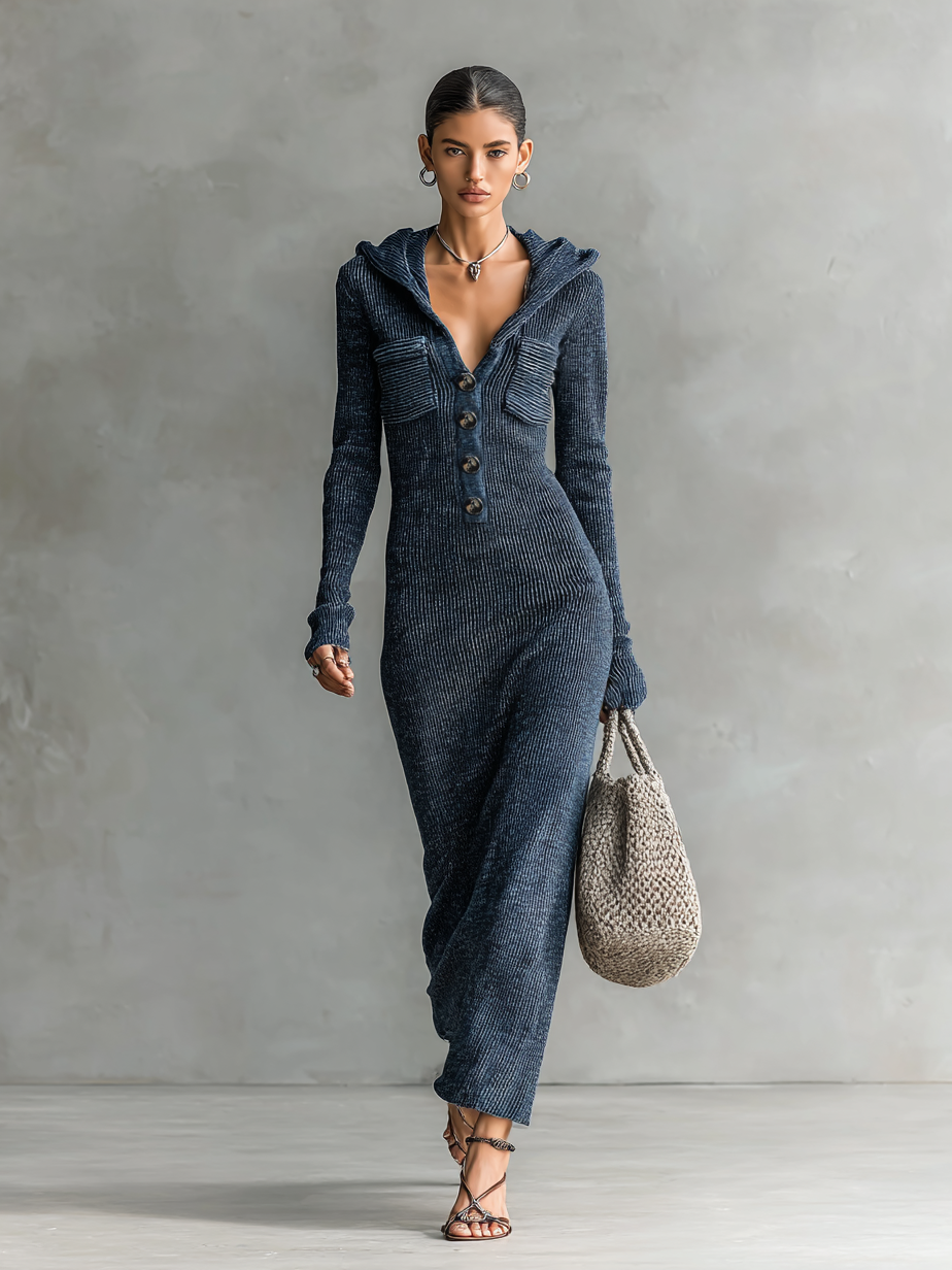 Slim-fit Hooded Knitted Maxi Dress for Women - Casual Long Sleeve Dress