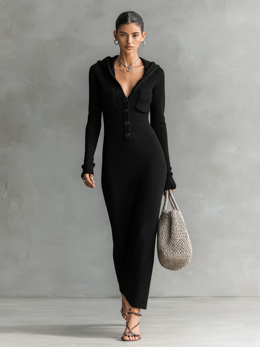 Slim-fit Hooded Knitted Maxi Dress for Women - Casual Long Sleeve Dress