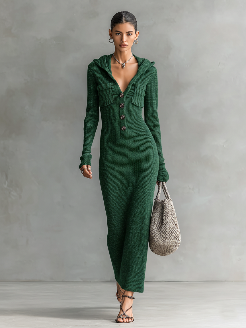 Slim-fit Hooded Knitted Maxi Dress for Women - Casual Long Sleeve Dress