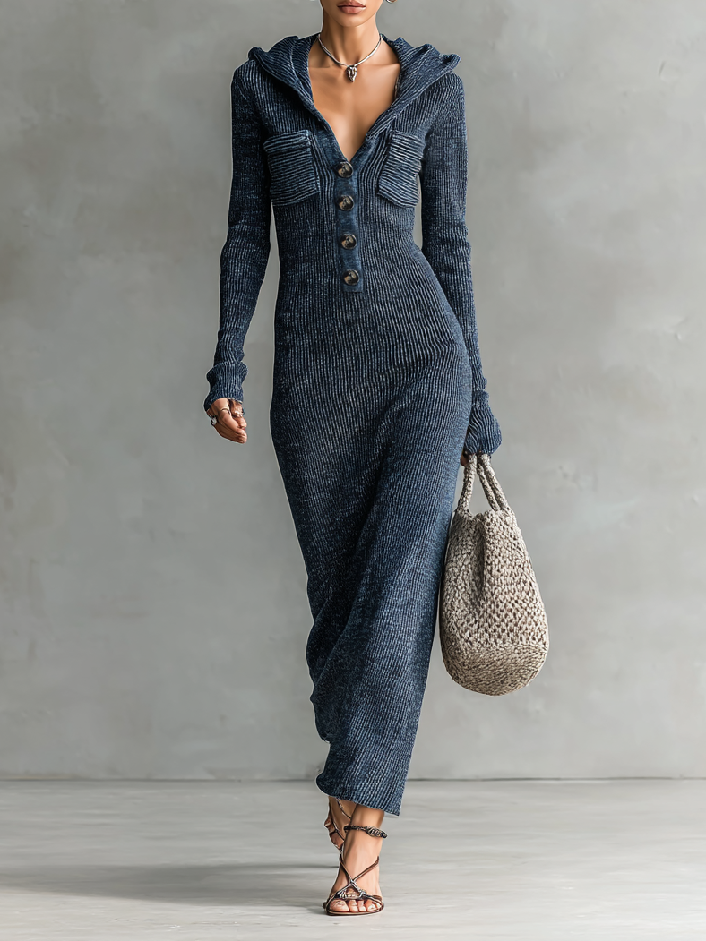 Slim-fit Hooded Knitted Maxi Dress for Women - Casual Long Sleeve Dress