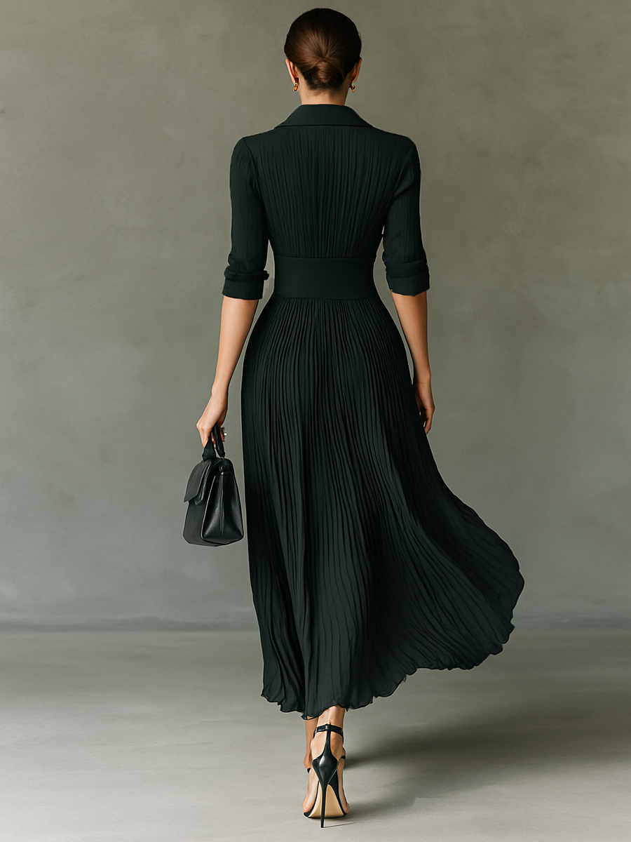 Solid Color Pleated Maxi Dress with Lapel Collar for Women - Long Sleeve