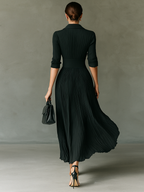 Solid Color Pleated Maxi Dress with Lapel Collar for Women - Long Sleeve