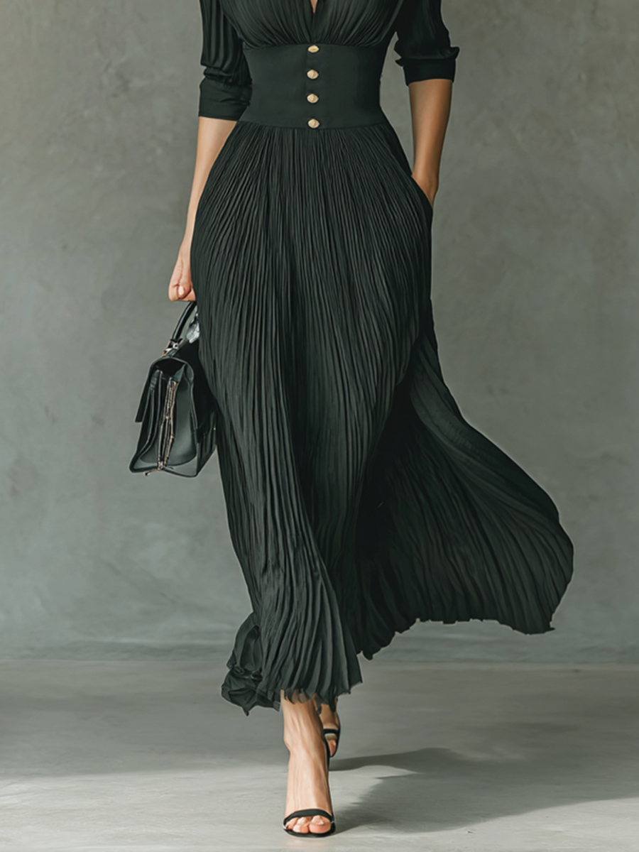 Solid Color Pleated Maxi Dress with Lapel Collar for Women - Long Sleeve