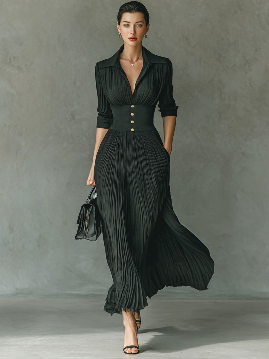 Solid Color Pleated Maxi Dress with Lapel Collar for Women - Long Sleeve