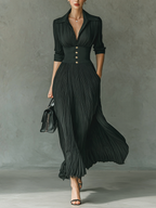 Solid Color Pleated Maxi Dress with Lapel Collar for Women - Long Sleeve