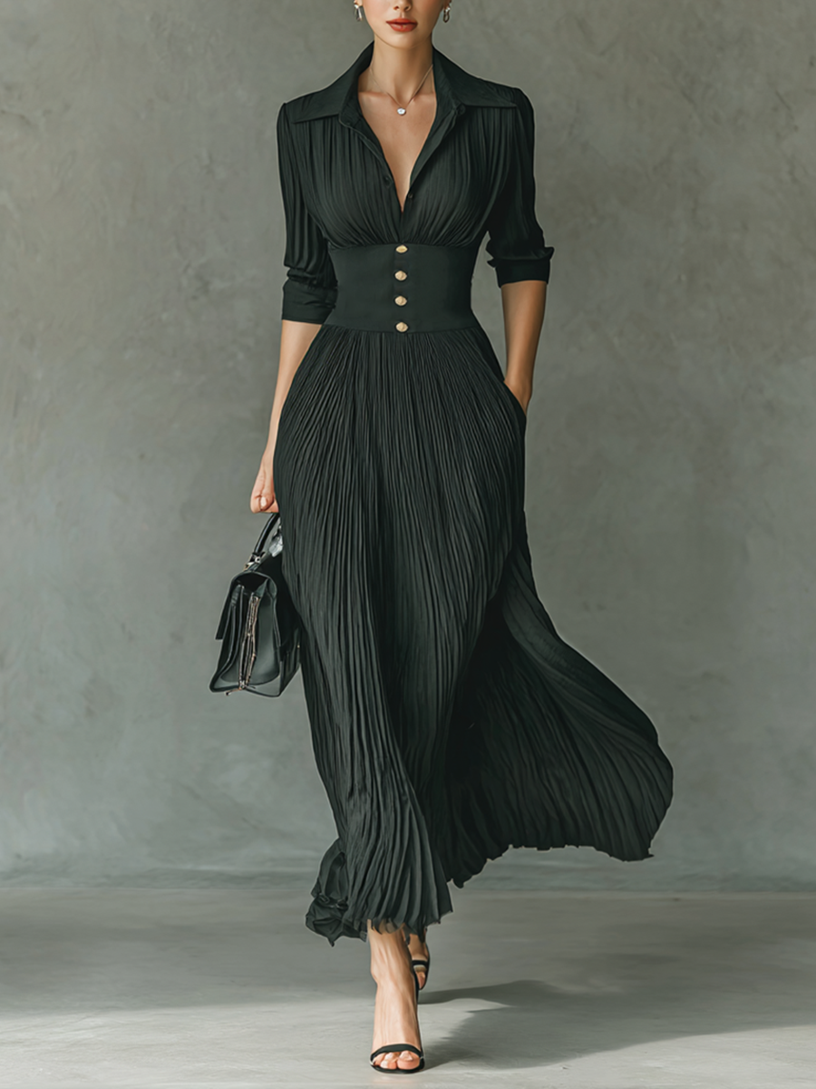 Solid Color Pleated Maxi Dress with Lapel Collar for Women - Long Sleeve