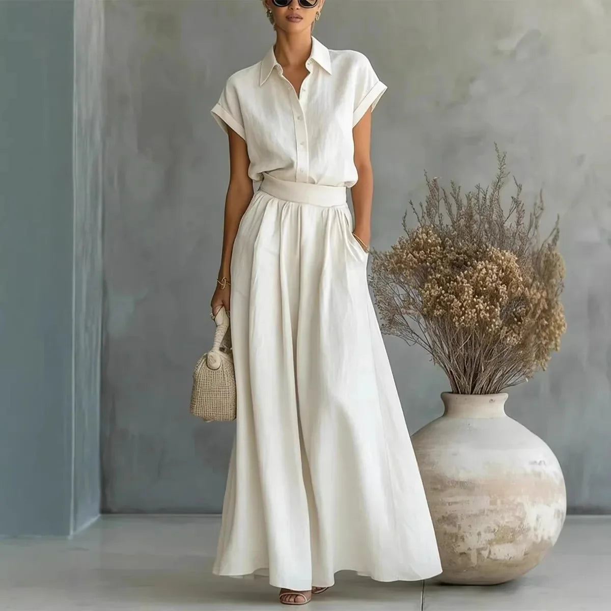 Women's Two-Piece Solid Color Pants Set - Casual Loose Fit Summer Outfit