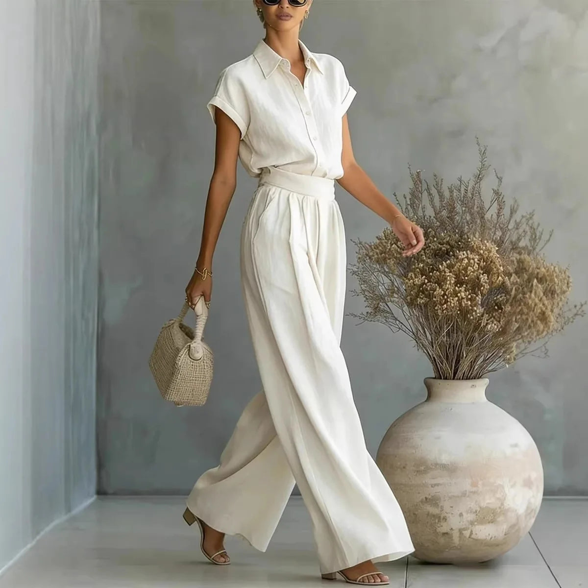 Women's Two-Piece Solid Color Pants Set - Casual Loose Fit Summer Outfit
