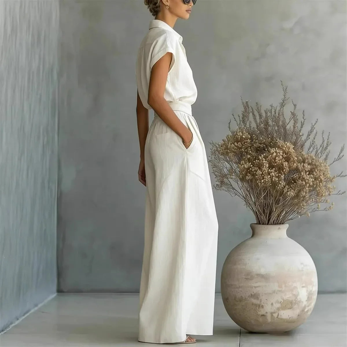 Women's Two-Piece Solid Color Pants Set - Casual Loose Fit Summer Outfit