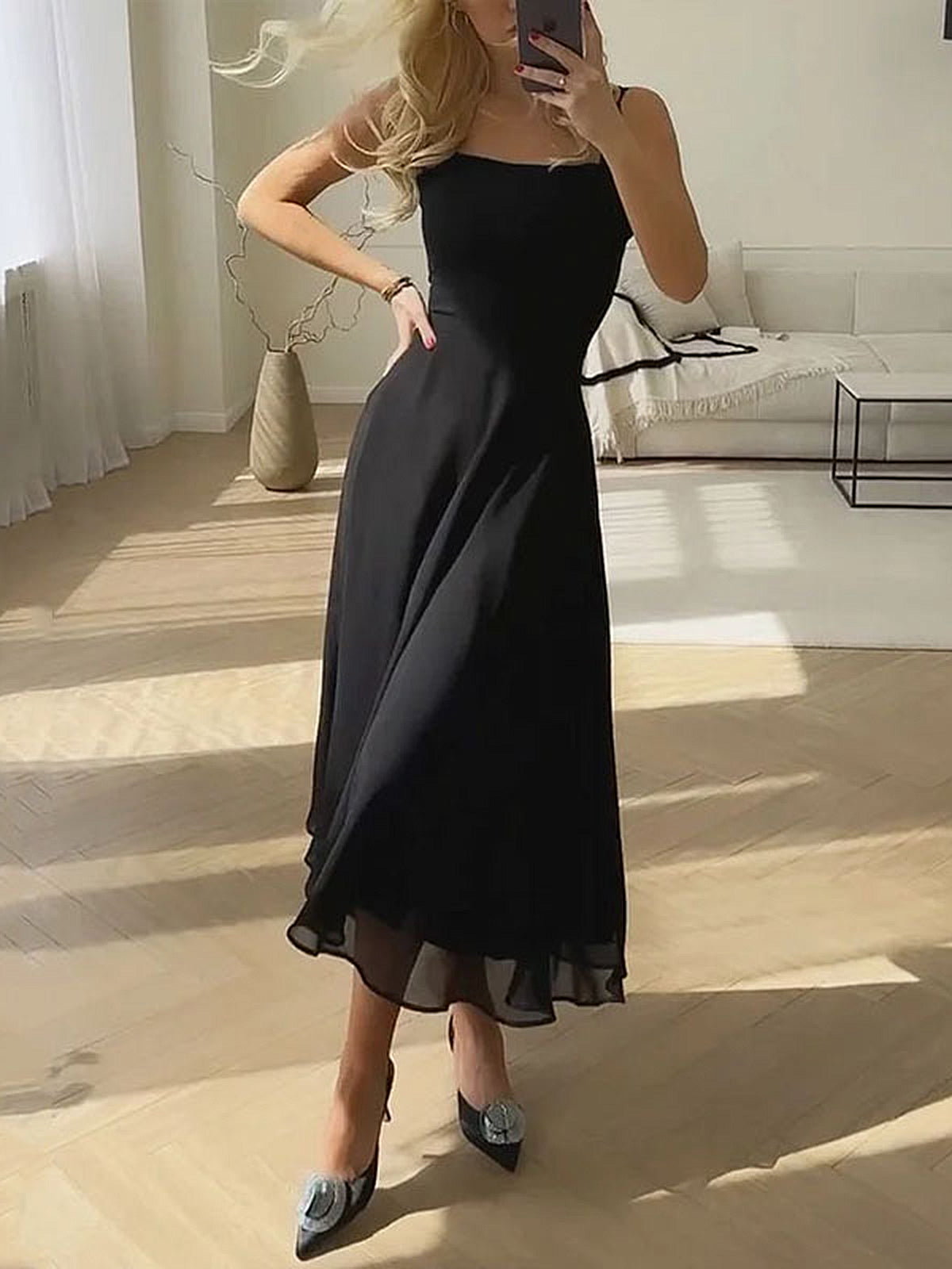 Elegant Square Neck Sleeveless Maxi Dress - Lightweight Woven for Formal Occasions