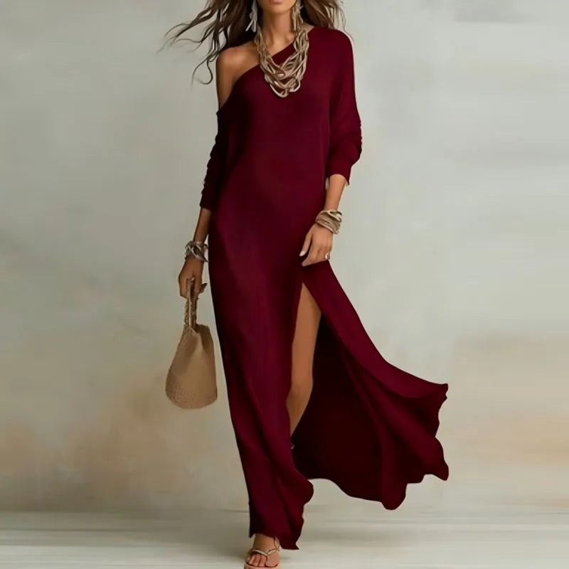 One Shoulder Long Sleeve Maxi Dress - Elegant Bohemian Casual Holiday Wear