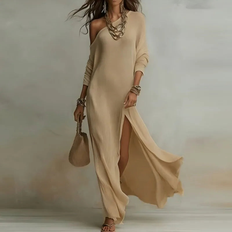 One Shoulder Long Sleeve Maxi Dress - Elegant Bohemian Casual Holiday Wear