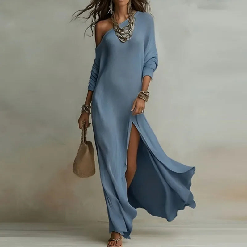 One Shoulder Long Sleeve Maxi Dress - Elegant Bohemian Casual Holiday Wear