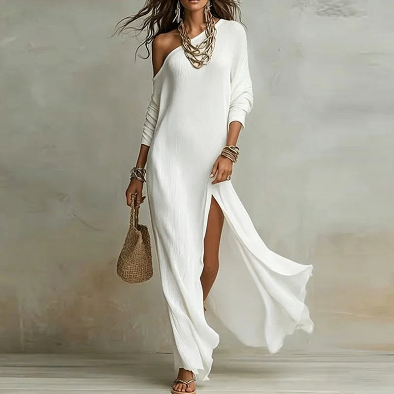 One Shoulder Long Sleeve Maxi Dress - Elegant Bohemian Casual Holiday Wear