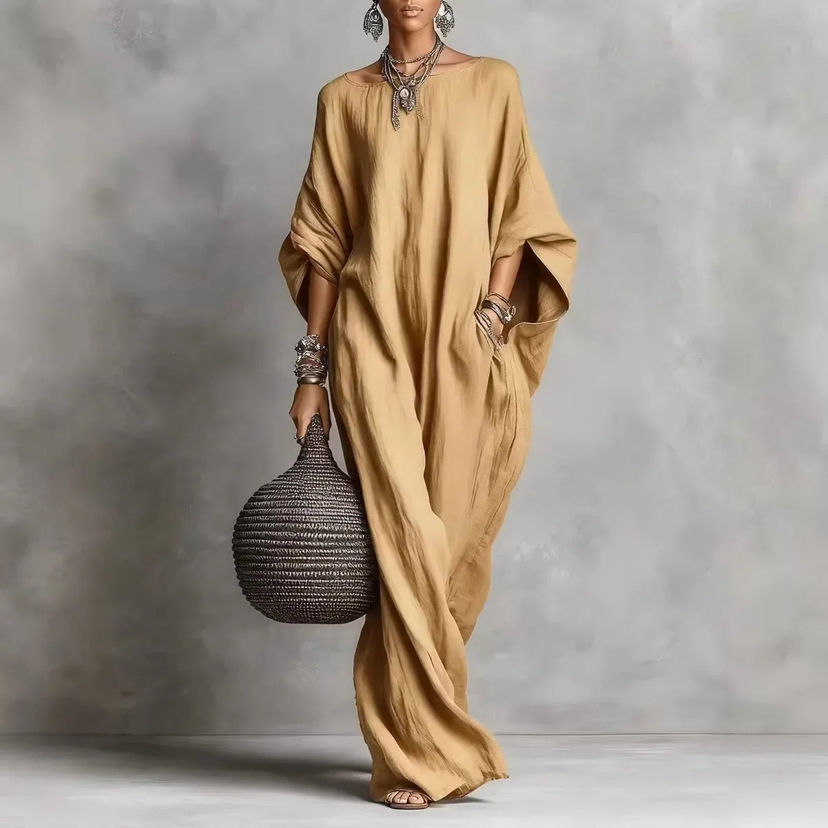 Women's Long Sleeve Maxi Dress - Casual Loose Fit Round Neck for Spring/Summer