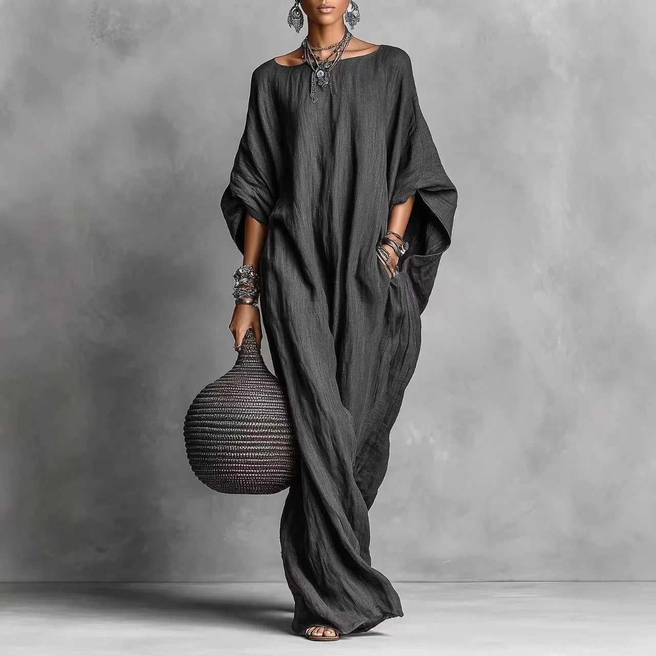 Women's Long Sleeve Maxi Dress - Casual Loose Fit Round Neck for Spring/Summer