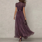 Vintage Lace A-Line Maxi Dress for Women - O Neck, High Waist, Short Sleeve, Summer Party
