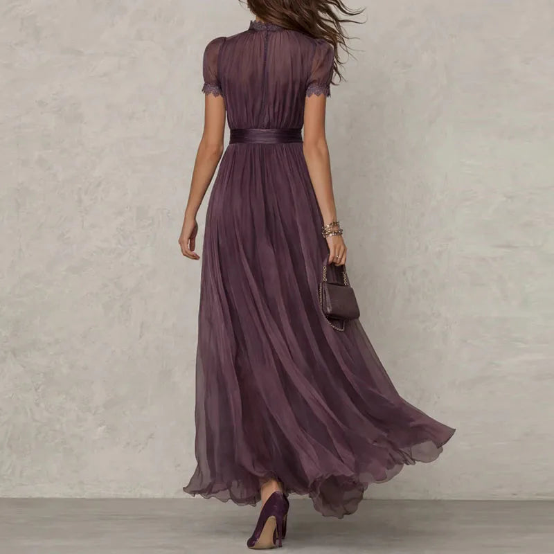 Vintage Lace A-Line Maxi Dress for Women - O Neck, High Waist, Short Sleeve, Summer Party