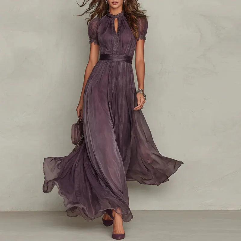 Vintage Lace A-Line Maxi Dress for Women - O Neck, High Waist, Short Sleeve, Summer Party