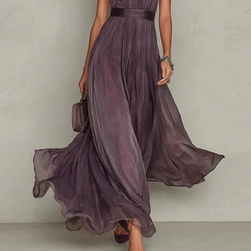Vintage Lace A-Line Maxi Dress for Women - O Neck, High Waist, Short Sleeve, Summer Party