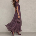 Vintage Lace A-Line Maxi Dress for Women - O Neck, High Waist, Short Sleeve, Summer Party