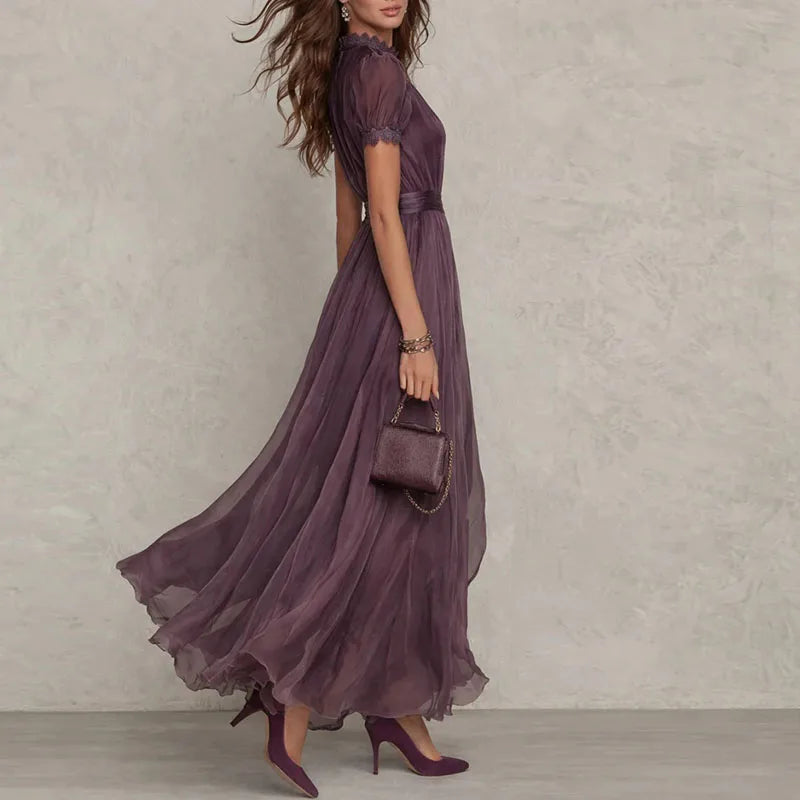 Vintage Lace A-Line Maxi Dress for Women - O Neck, High Waist, Short Sleeve, Summer Party