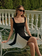 Sleeveless Mini Dress with Contrast Binding - Square Neck Elegant Vacation Dress