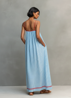Striped Maxi Dress with Red Trim - Women's Spaghetti Strap Casual Wear