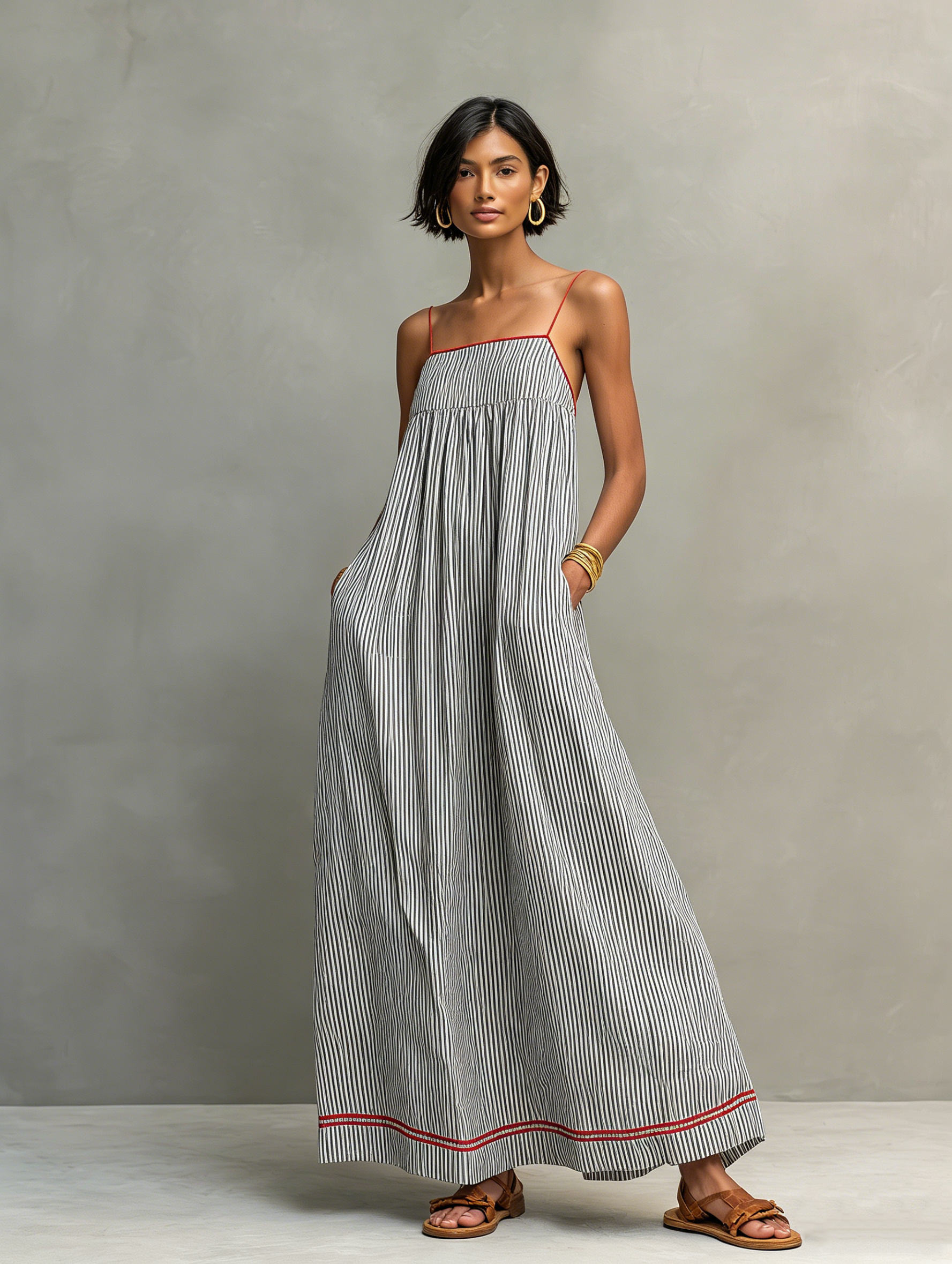 Striped Maxi Dress with Red Trim - Women's Spaghetti Strap Casual Wear