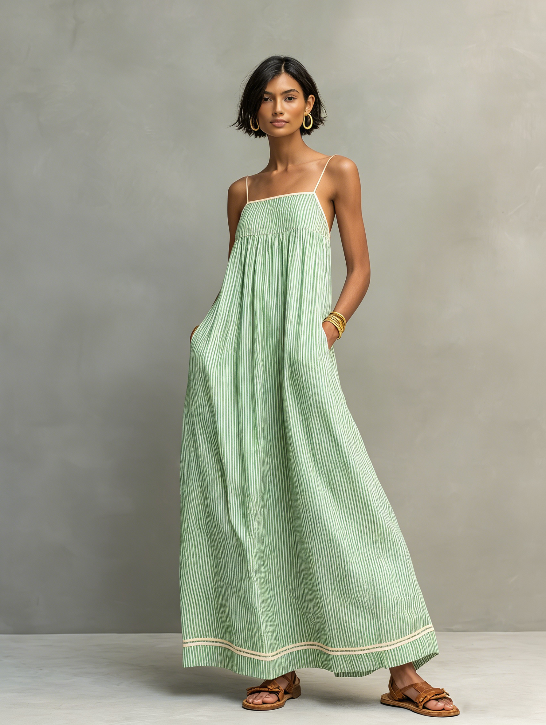 Striped Maxi Dress with Red Trim - Women's Spaghetti Strap Casual Wear