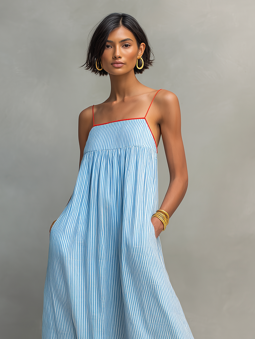 Striped Maxi Dress with Red Trim - Women's Spaghetti Strap Casual Wear