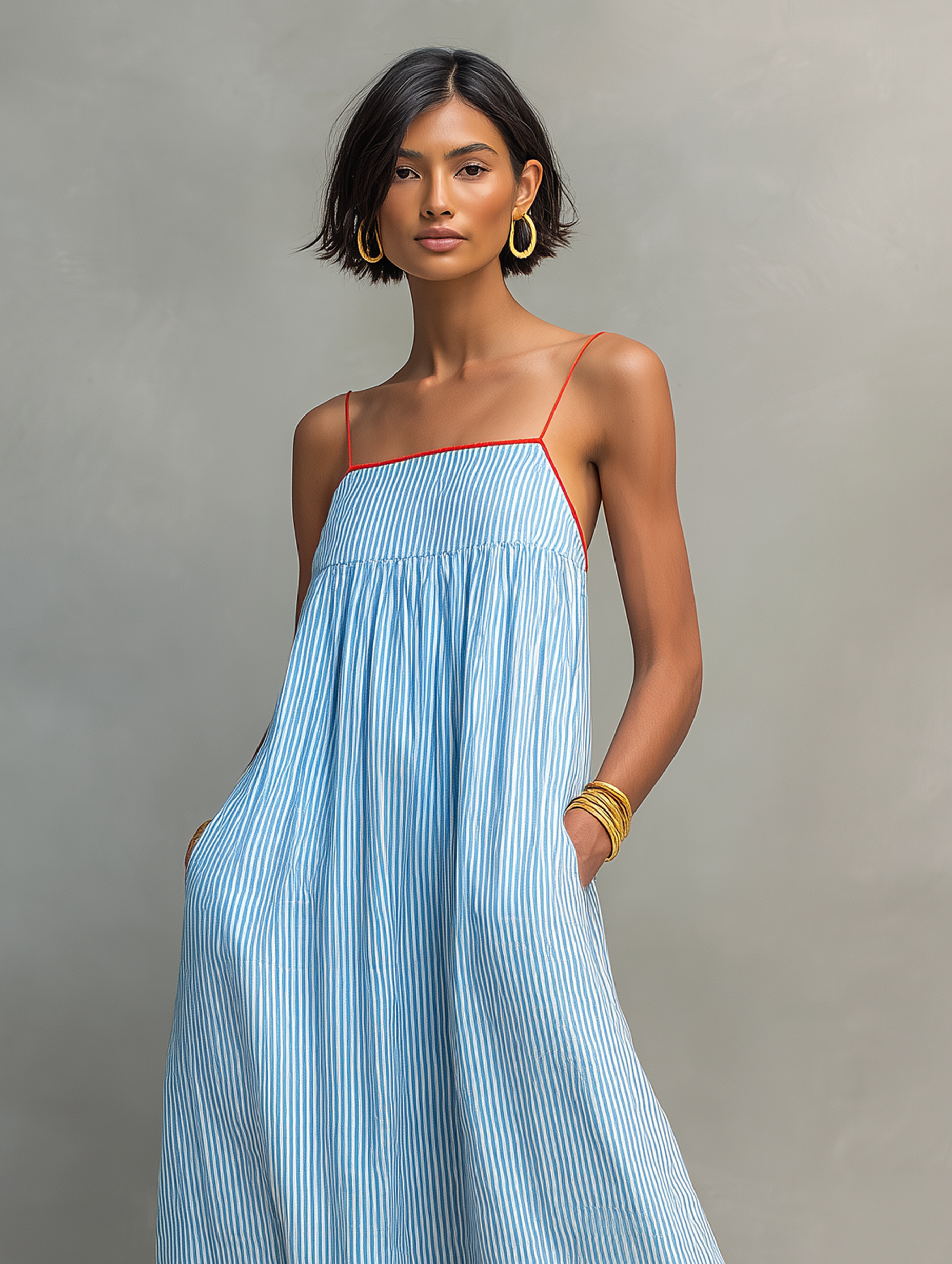 Striped Maxi Dress with Red Trim - Women's Spaghetti Strap Casual Wear