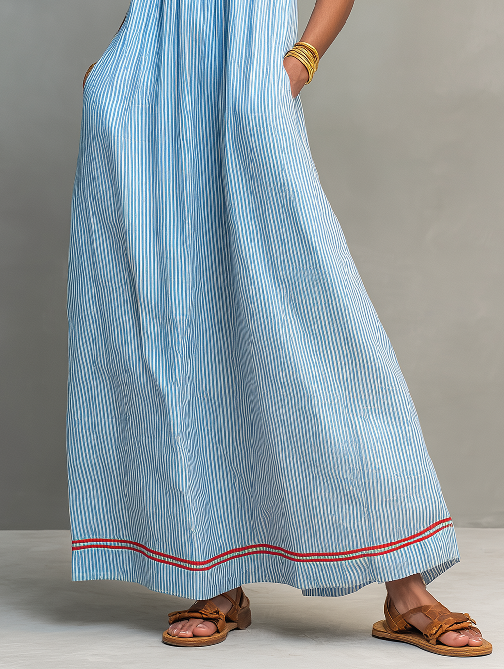 Striped Maxi Dress with Red Trim - Women's Spaghetti Strap Casual Wear