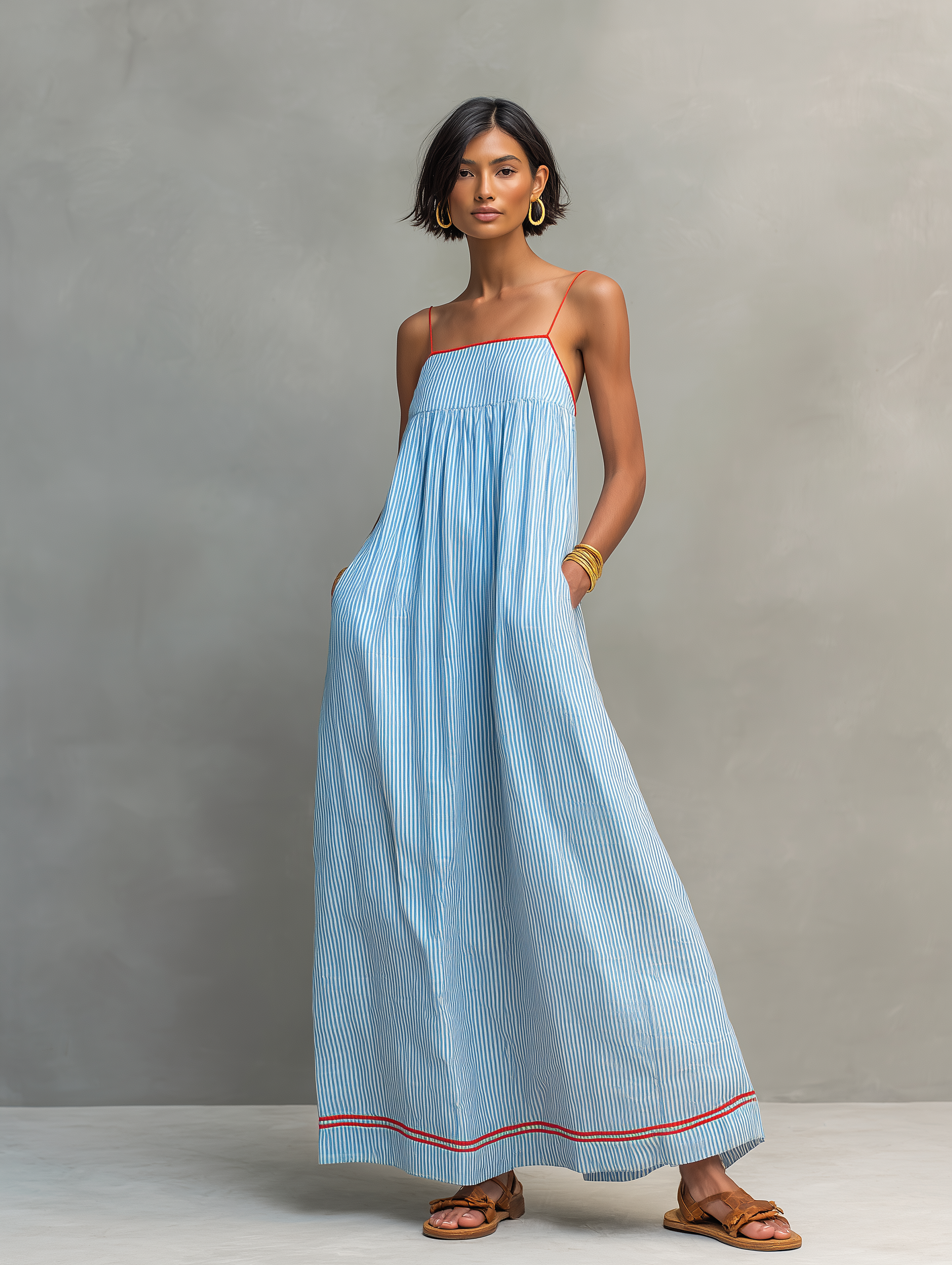Striped Maxi Dress with Red Trim - Women's Spaghetti Strap Casual Wear