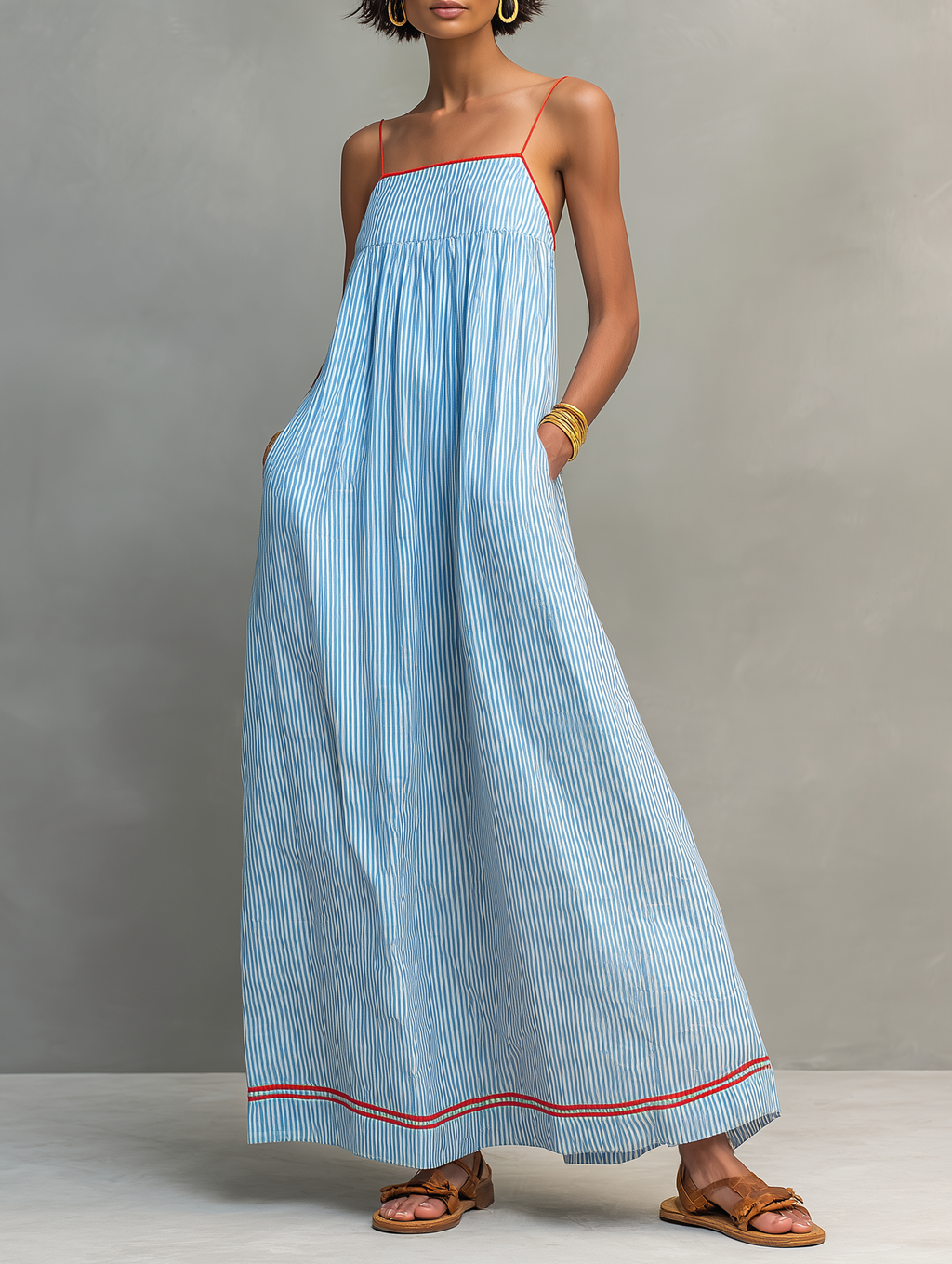 Striped Maxi Dress with Red Trim - Women's Spaghetti Strap Casual Wear