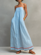 Striped Maxi Dress with Red Trim - Women's Spaghetti Strap Casual Wear