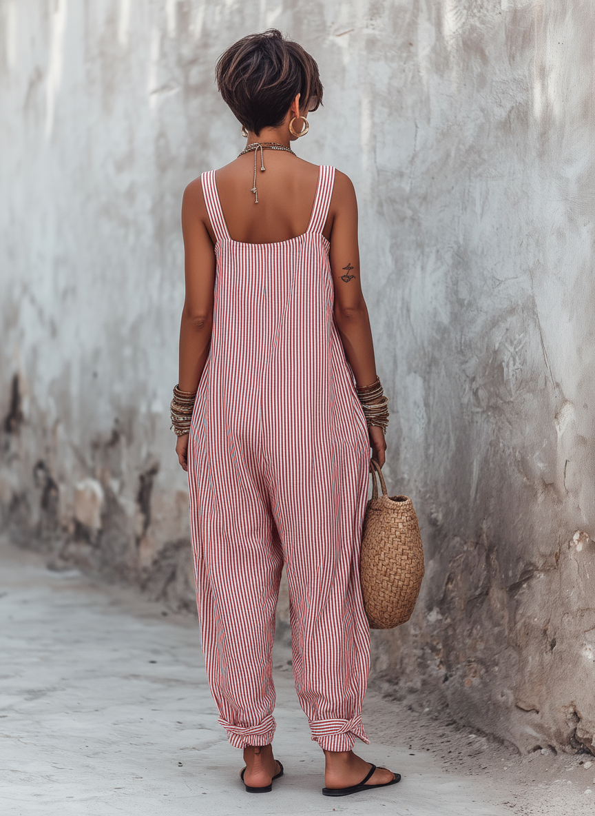 Striped Sleeveless Jumpsuit for Women | Loose-Fit Square Neck | Casual Wear