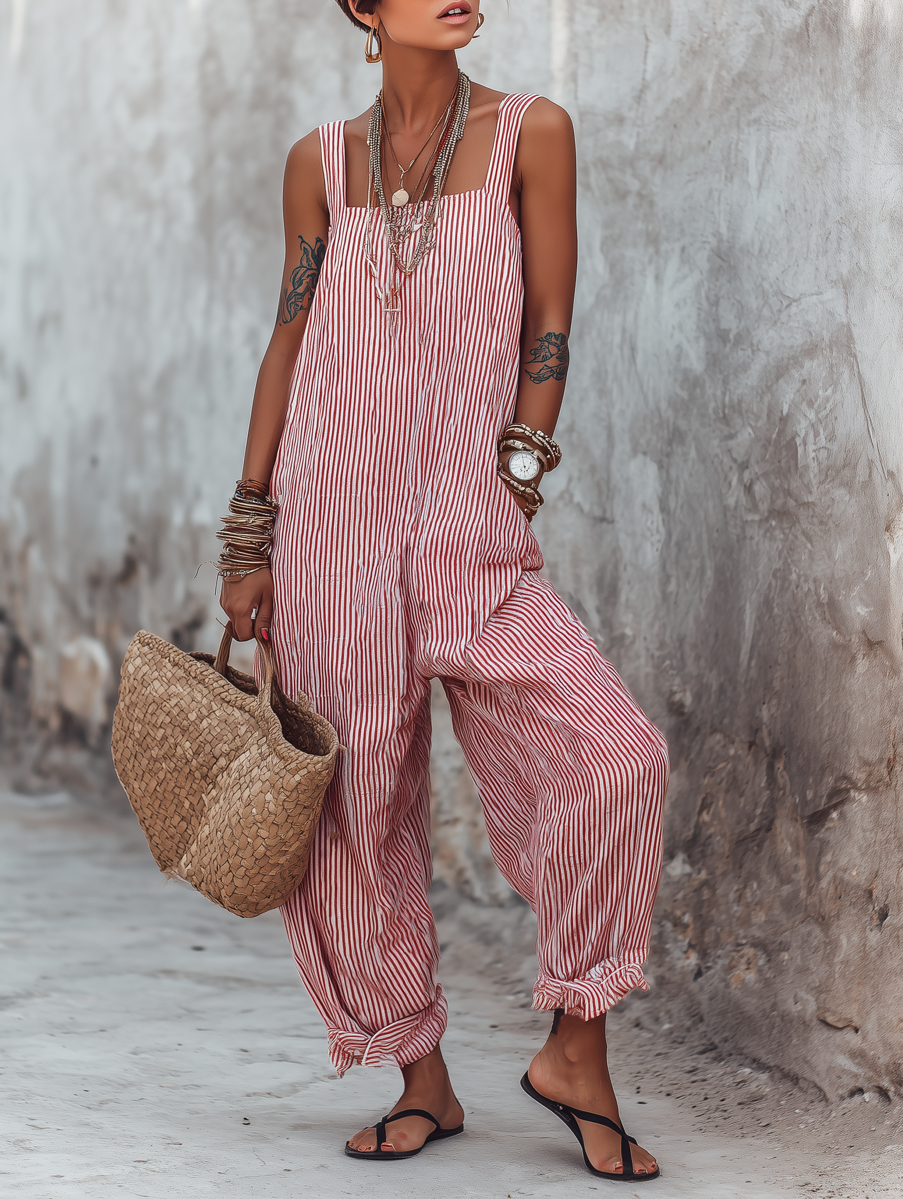 Striped Sleeveless Jumpsuit for Women | Loose-Fit Square Neck | Casual Wear