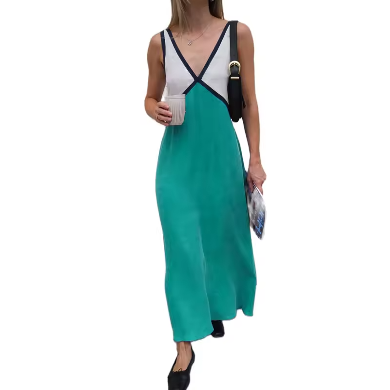 V-Neck Colorblock Midi Dress - Elegant Casual Evening Wear for Women