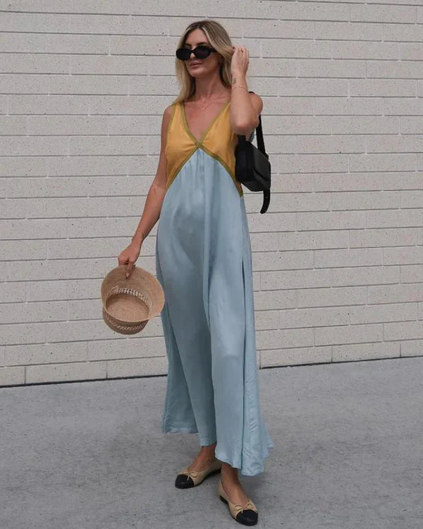 V-Neck Colorblock Midi Dress - Elegant Casual Evening Wear for Women