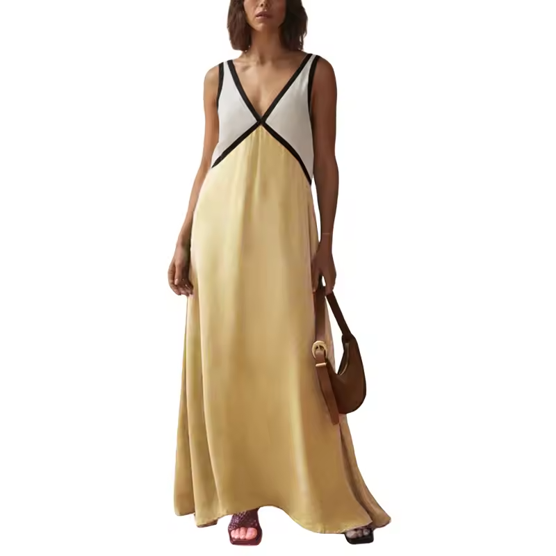 V-Neck Colorblock Midi Dress - Elegant Casual Evening Wear for Women