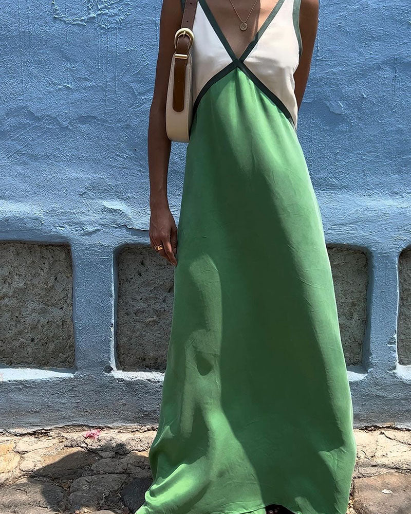 V-Neck Colorblock Midi Dress - Elegant Casual Evening Wear for Women