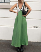 V-Neck Colorblock Midi Dress - Elegant Casual Evening Wear for Women