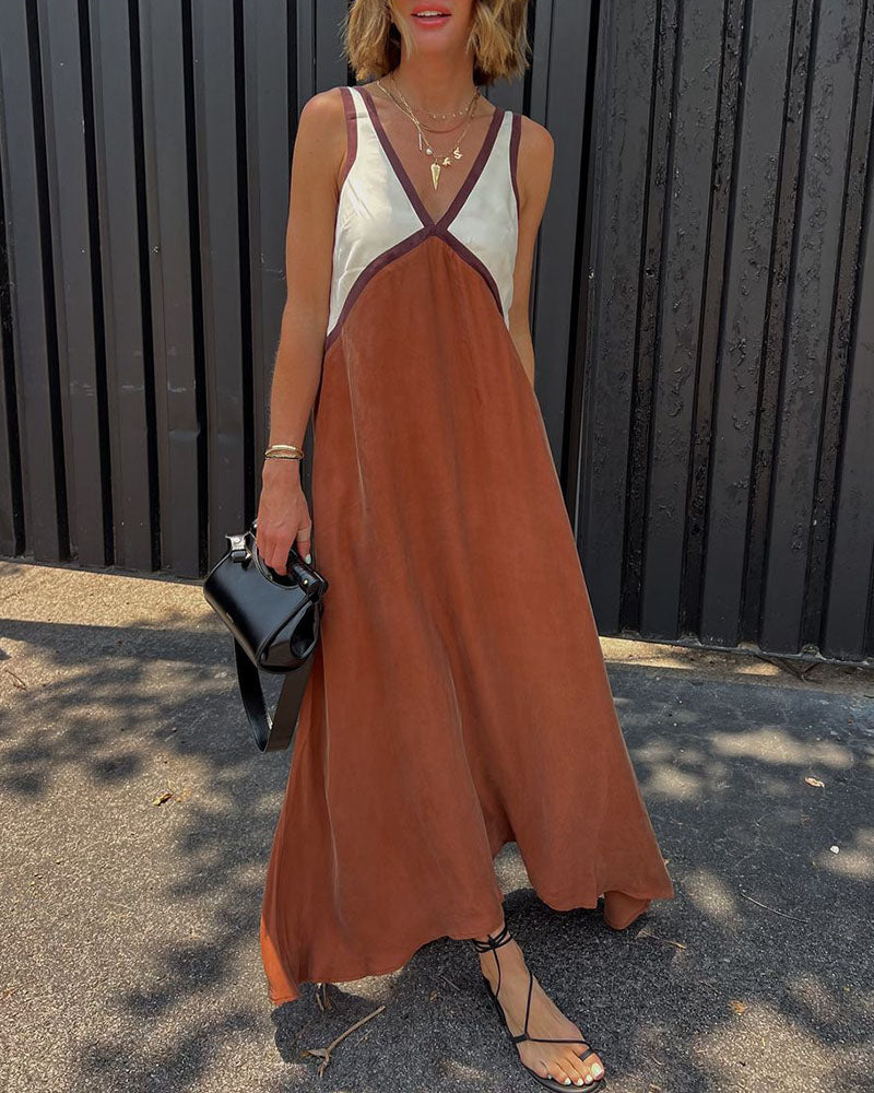 V-Neck Colorblock Midi Dress - Elegant Casual Evening Wear for Women