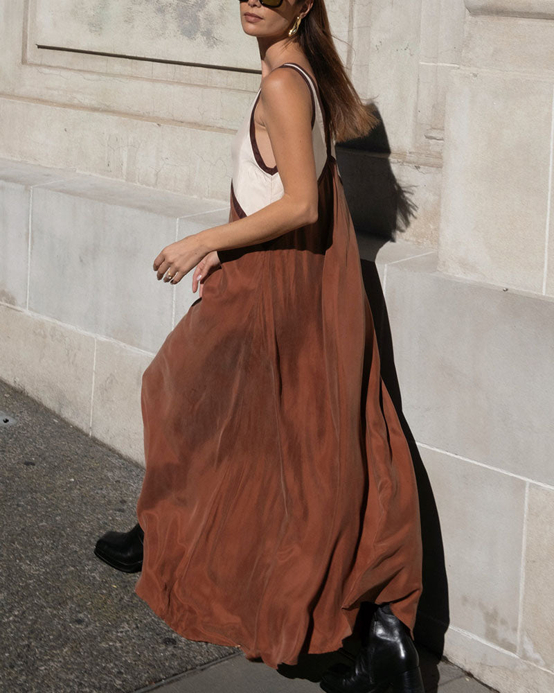 V-Neck Colorblock Midi Dress - Elegant Casual Evening Wear for Women